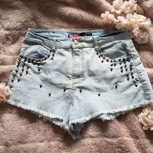 Denim Acid-Wash Highwaisted Studded Shorts